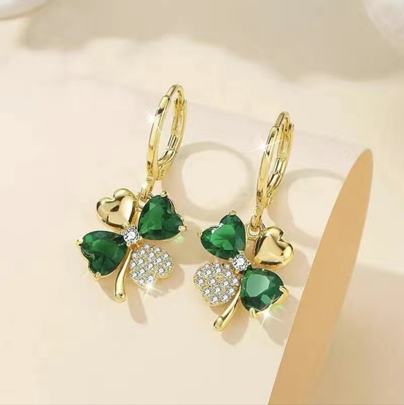 Shamrock Earrings Sterling 925 post NIP Gold Green Rhinestone - Picture 4 of 6